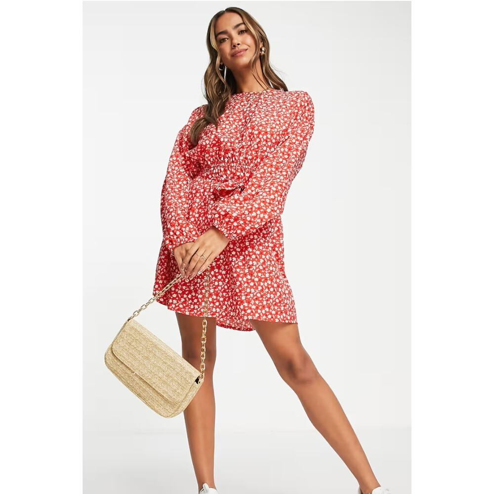 Wednesday's Girl Red Ditsy Floral Swing Dress Size L Boho Long Sleeve ASOS Mini